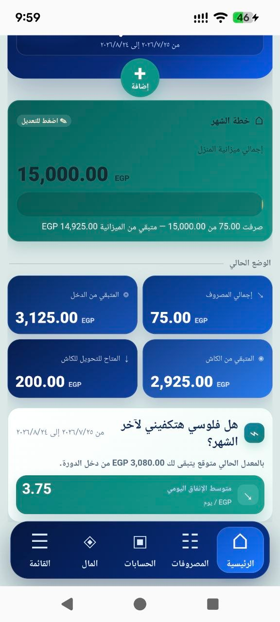 الشاشة الرئيسية في MONEFUTURE